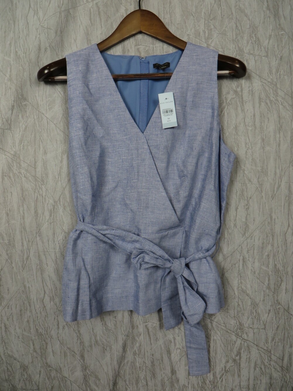 Ann Taylor Petite Womens 14P Blue Linen Cotton Wrap Tie Waist Peplum Blouse NWT